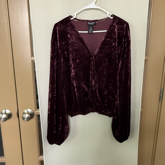 Wrangler Tops - Wrangler Retro Womens Medium Burgundy Balloon Sleeve V-Neck Wrap Velvet Blouse
